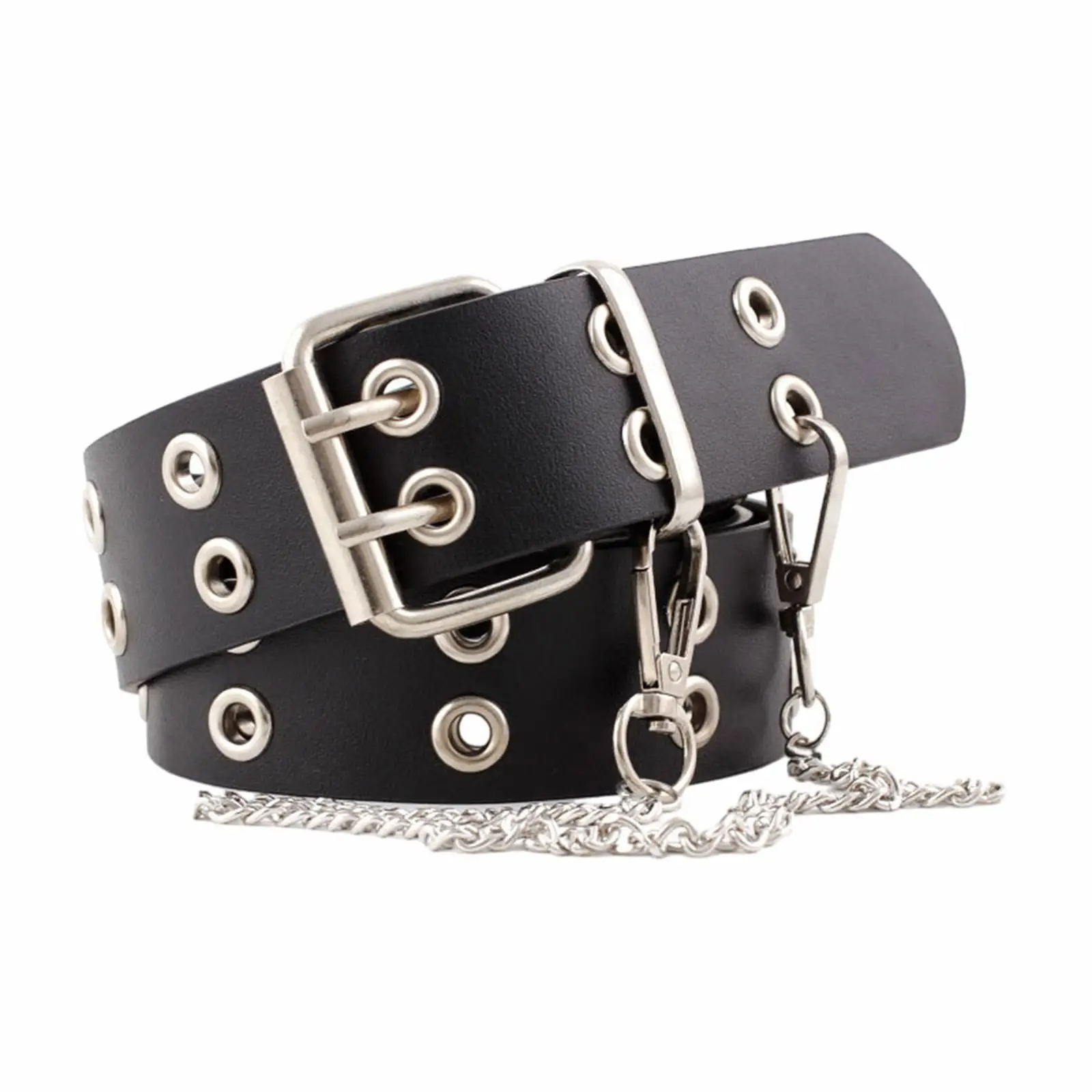 Double Grommet Belt with 2 Holes Rock Punk Adjustable PU Leather Eyelet with Chain Waistband for Club Jeans Cosplay Party Women