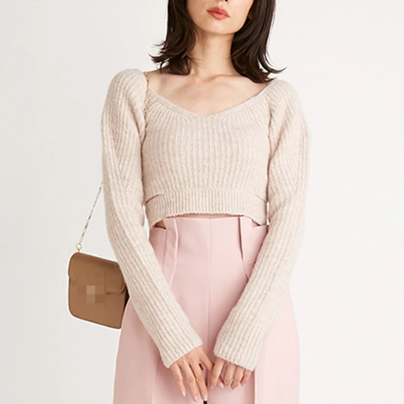Kuzuwata 2022 Spring Gentle Solid Color Knitted Tops Women Long Sleeve Deep Neck Show-waist Short Sweater Woman Jumpers Femme