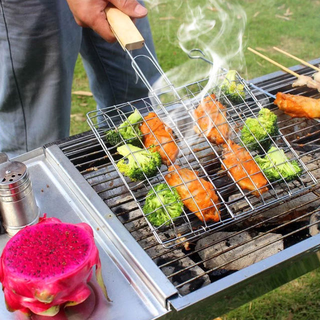 Panier Barbecue Pliable Acier Inoxydable - Pour Poisson, Légumes, Viande, Avec Poignée Bois