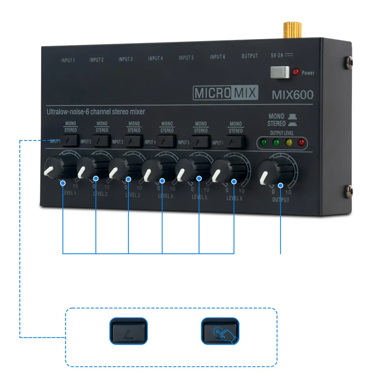 Professional Audio Mixer Stereo Mono Adjustment Compact 6 Input Stereo Line Mixer for Guitars Meeting PC Smartphone Computer