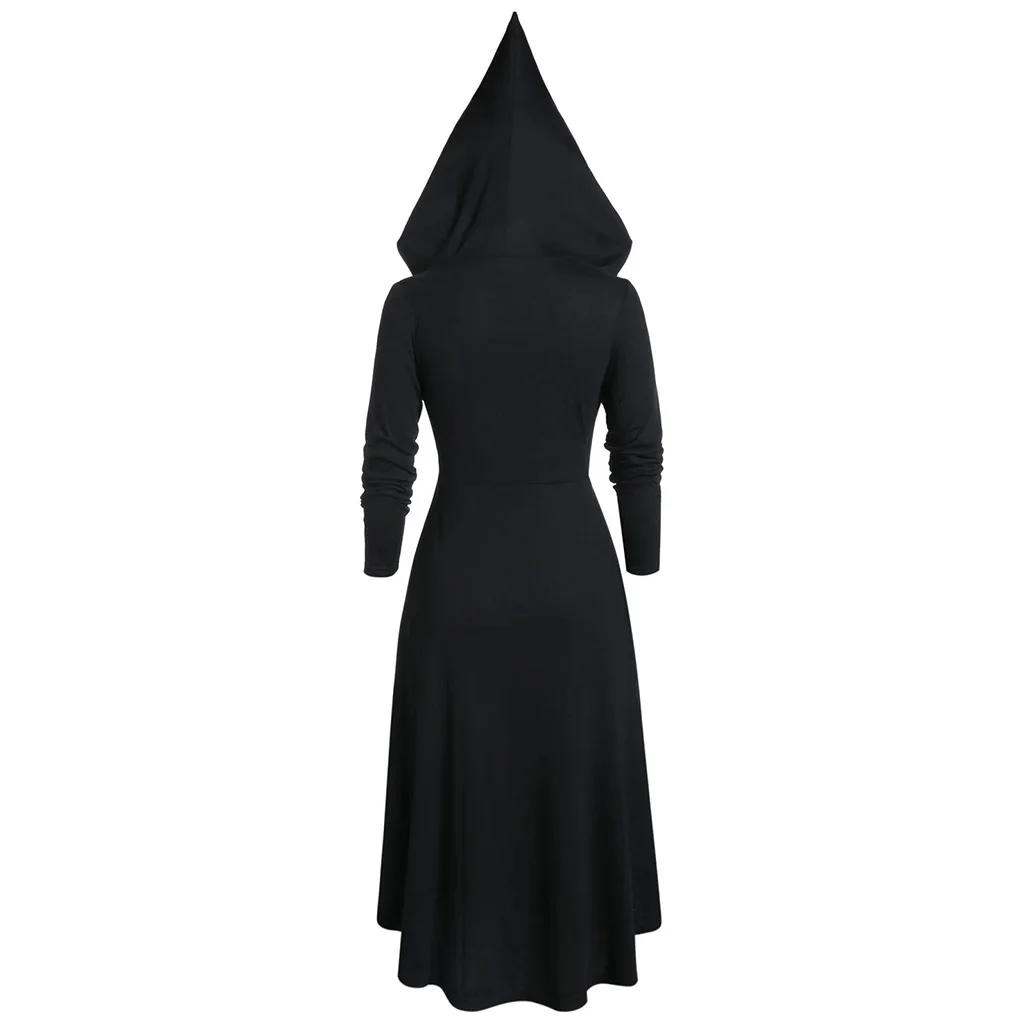 Gothic Dark Punk Black Medieval Hooded Dress Harajuku Vintage Irregular Women Slim Pointed Hat Corns Cross Tie Long Sleeve Dress