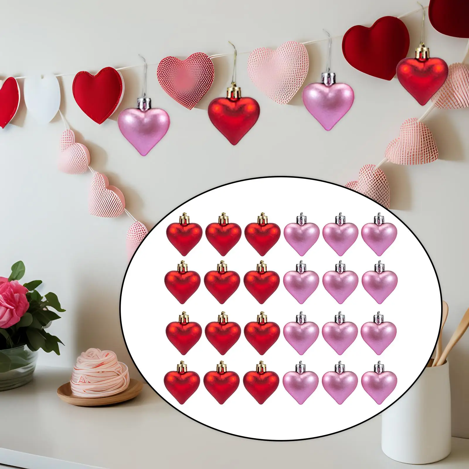 24x Valentine`s Day Heart Ornaments Pendant Romantic Hanging Decorations for Hotel Engagement Home Anniversary Christmas Tree