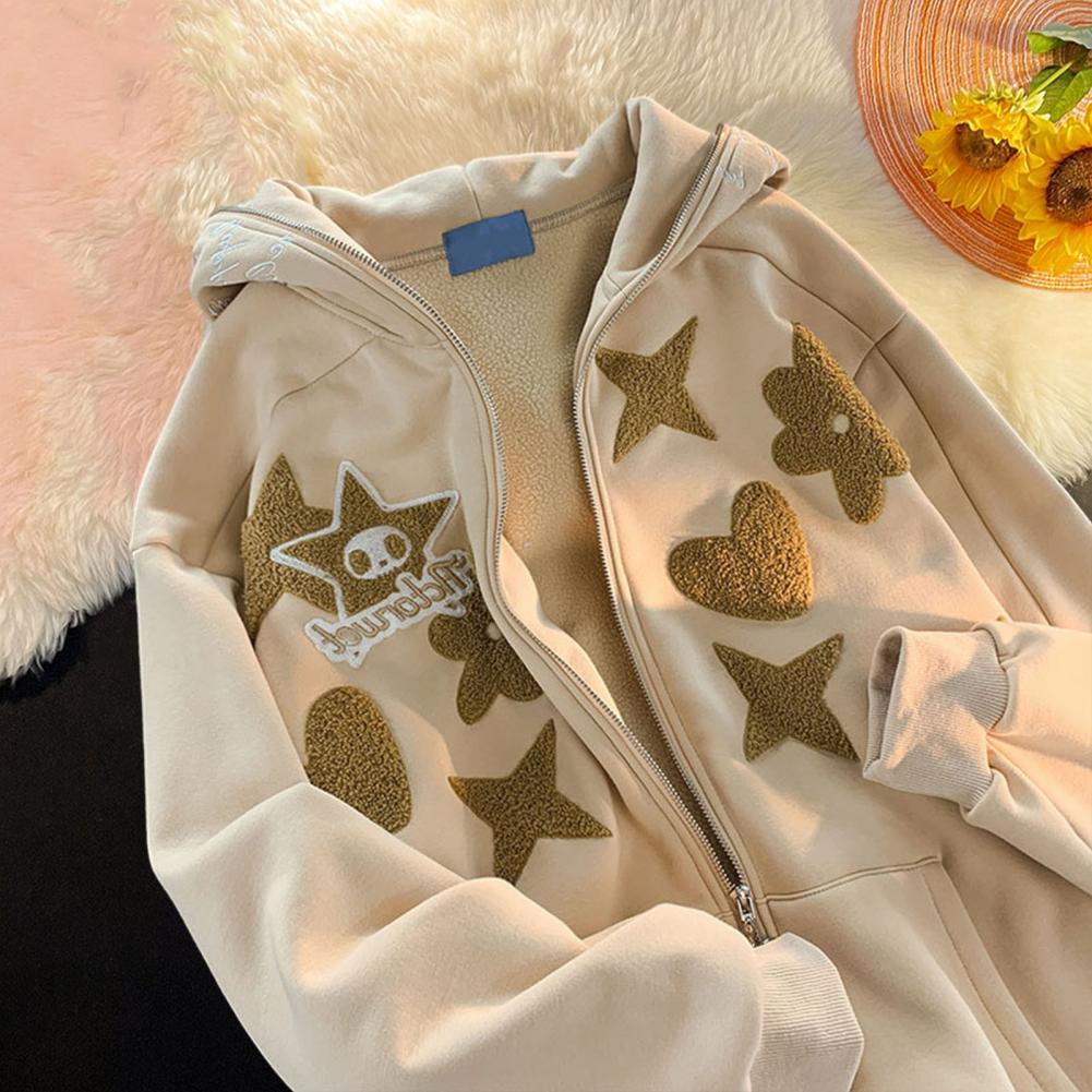 Zip Hoodie Women | New Style Cute Cartoon Beige Fleece Hoodie Women