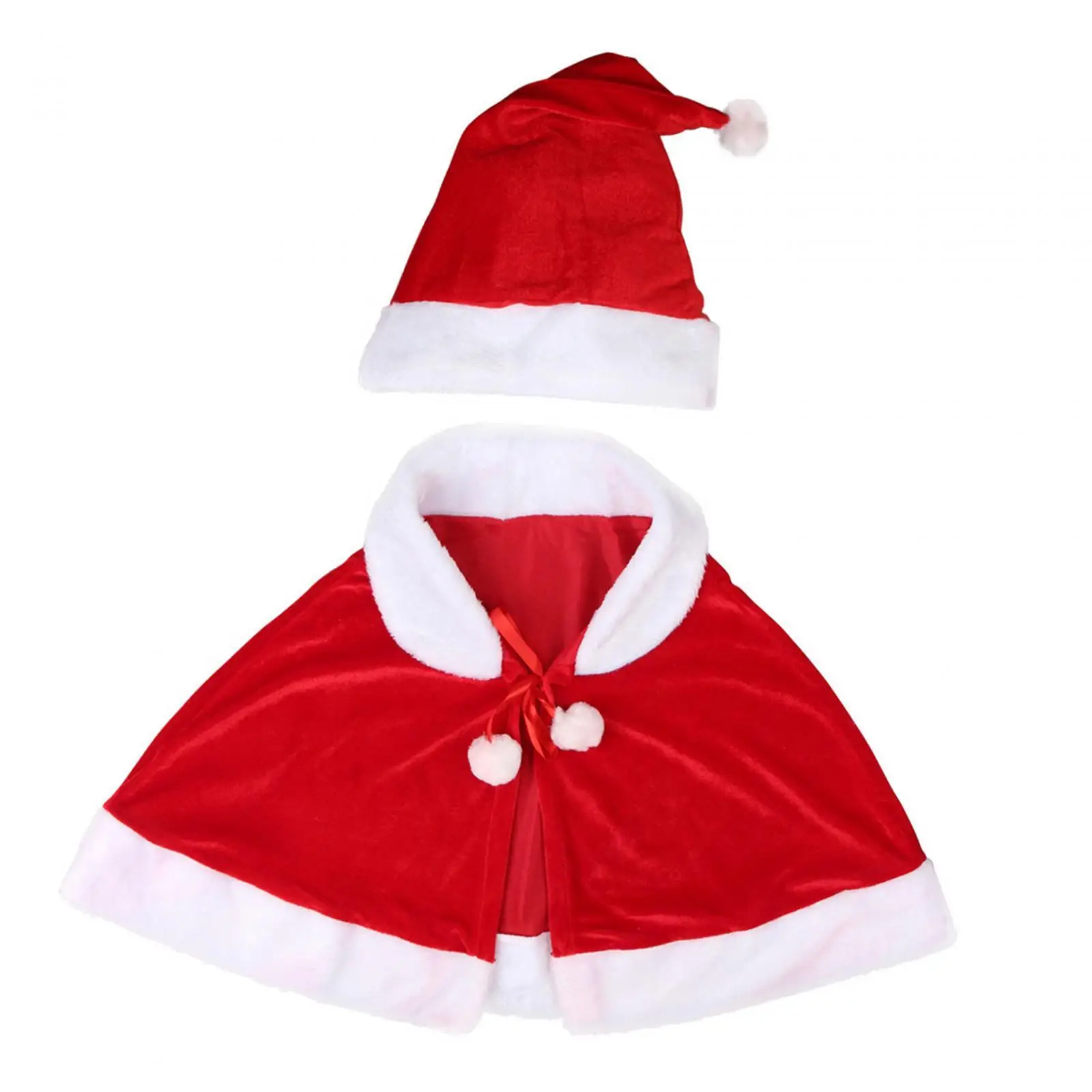 Christmas Shawl Cloak Cape with Hat Xmas Shawl with Plush Balls Lace up Santa Claus Cape Robe Red Cape for Role Play Props