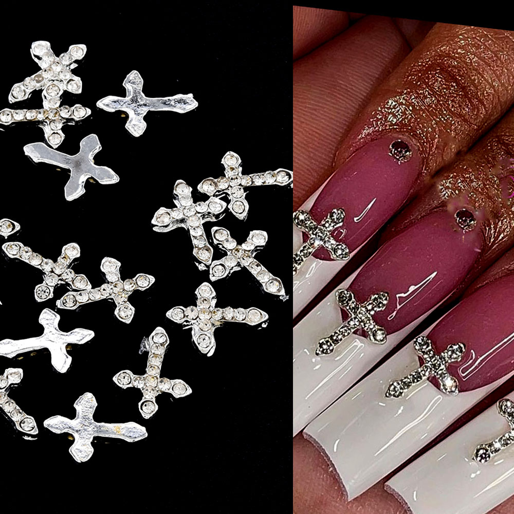 Best of 10 Pcs Classic Full Glitter Rhinestones Cross 3d Nail Charms Punk Silver Cross Nail Art Decor Luxury Glitter Alloy Cross -123 Reviews & Tips