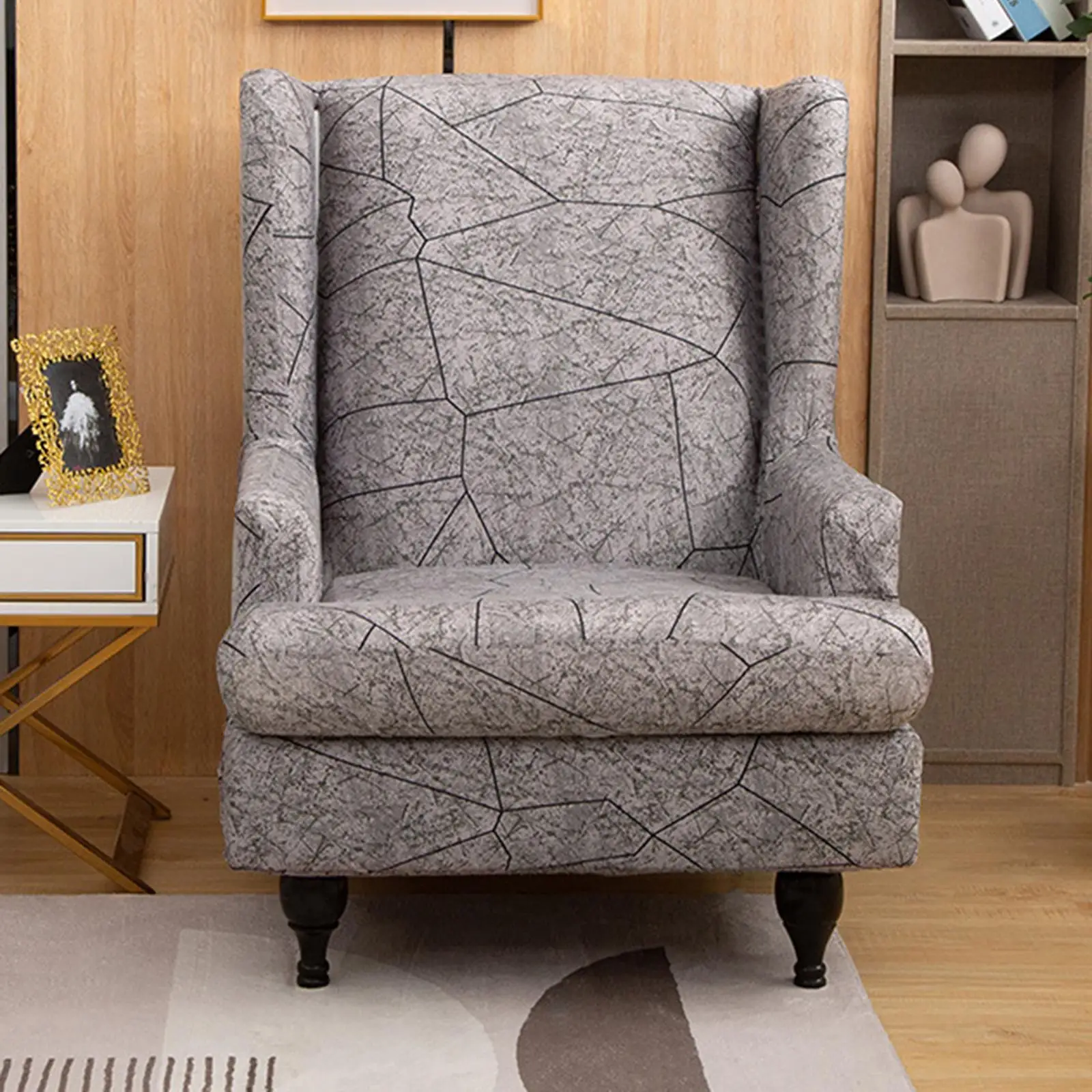 Stretch Soft Polyester Wingback Chair Covers Wing Chair Armchair Printed Slipcover w/ Seat Cover Removable Non-Slip Washable