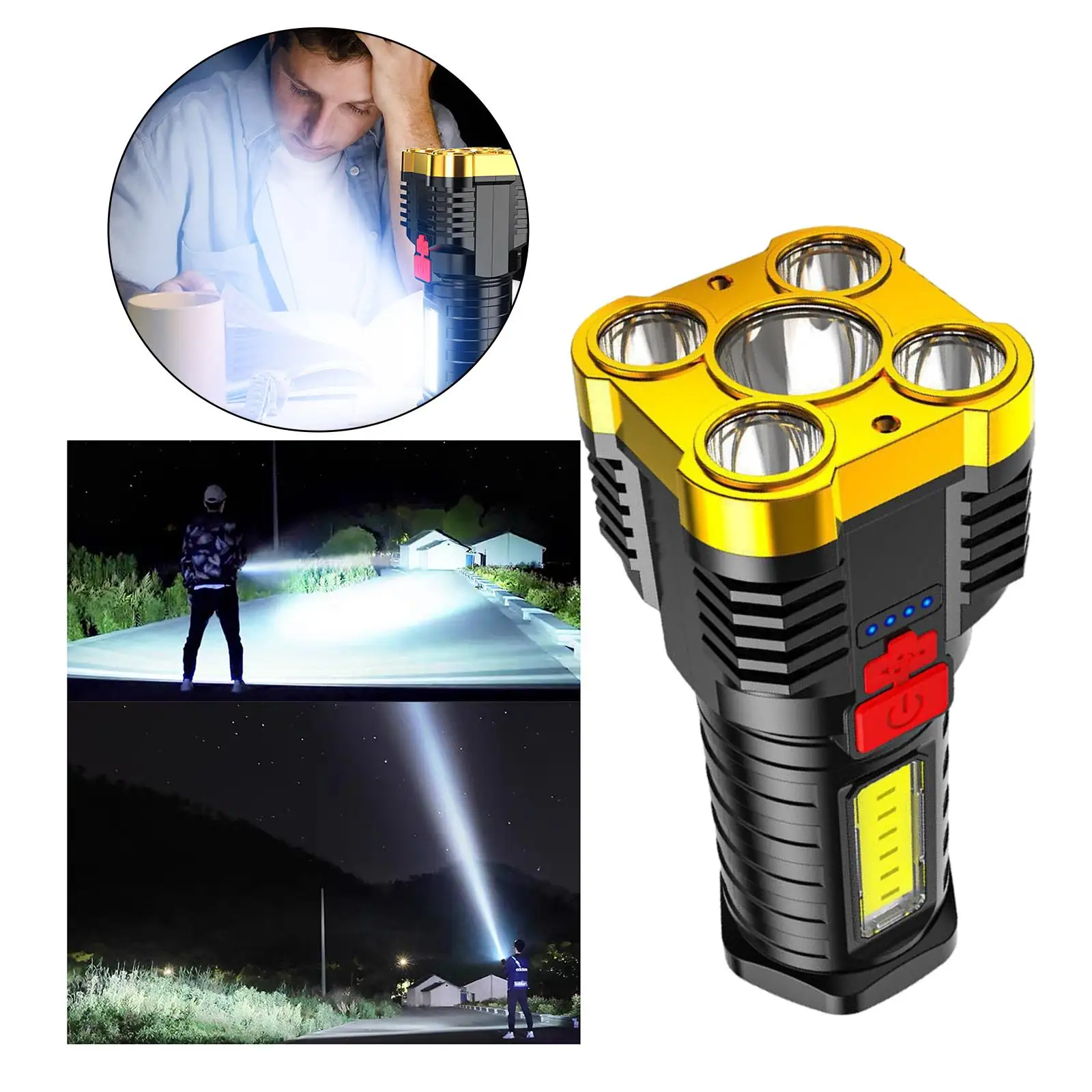 Five  Handheld Led  Flashlight Powerful Searchlight USB Rechargeable Large Capacity Battery Long Lasting Camping Light