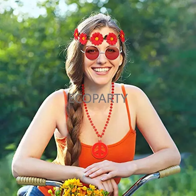Hippie Costume Set comprende Segno di Pace Collana di Perline Corona di  Fiori Fascia e Hippie Occhiali Da Sole 60s 70s Accessori di Partito