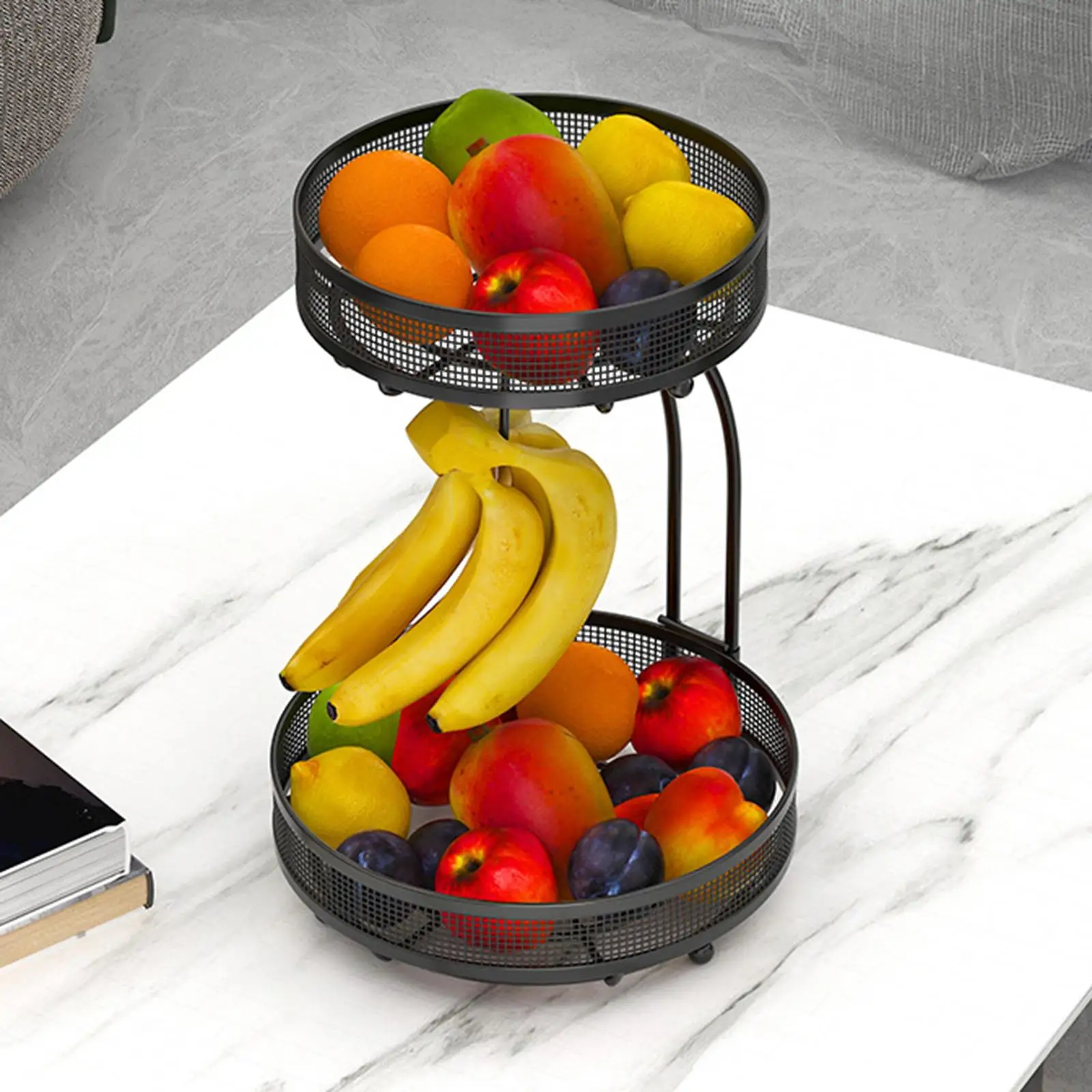 Metal 2 Tier Fruit Vegetables Basket with Banana Hanger Multifunction Fruit Vegetable Storage Holder Display for Vegetables