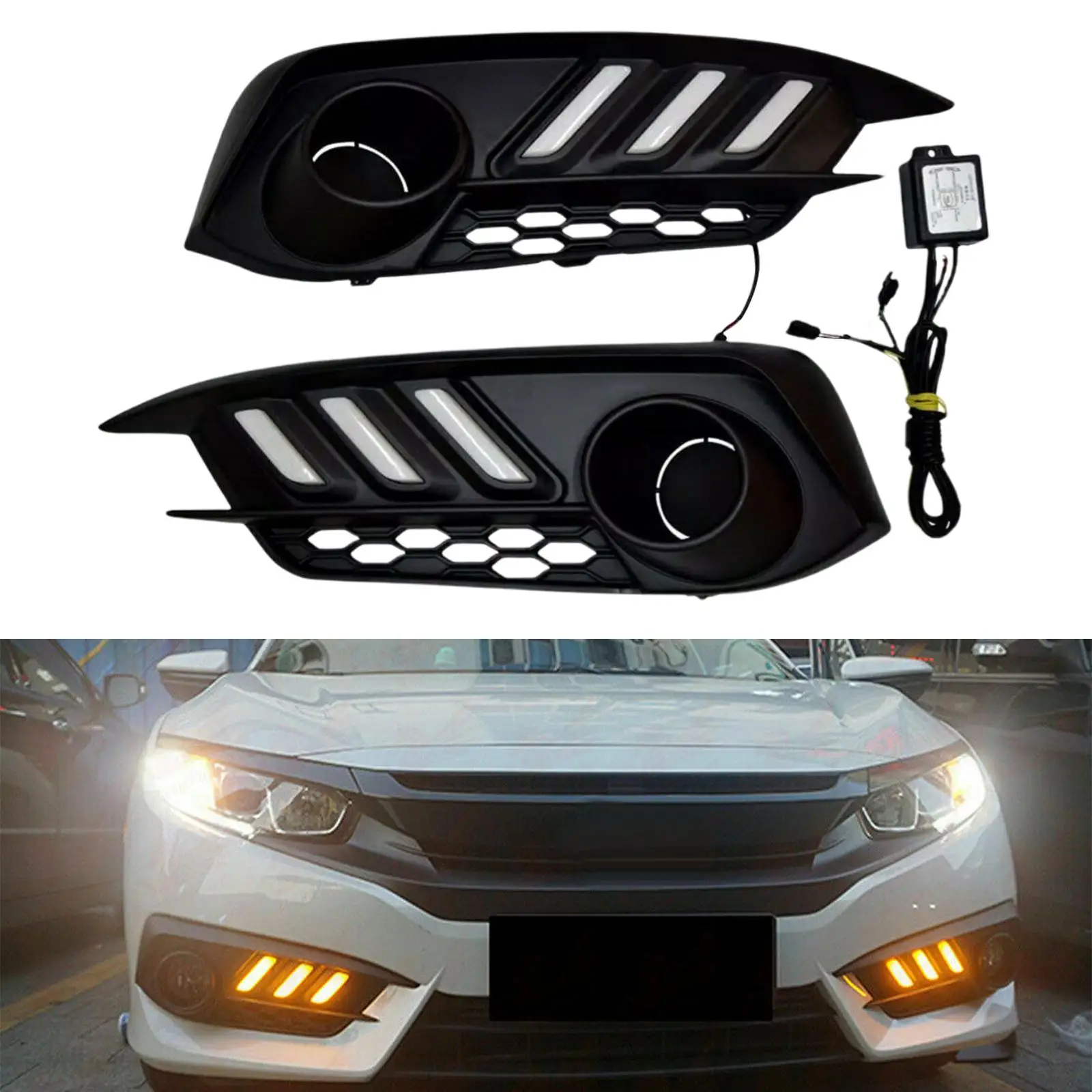 1 Pair LED Daytime Running Light Replacement with Turn Signal Lights 12V Assembly Fog Lamps Drl Fit for Honda Civic 2016-2018