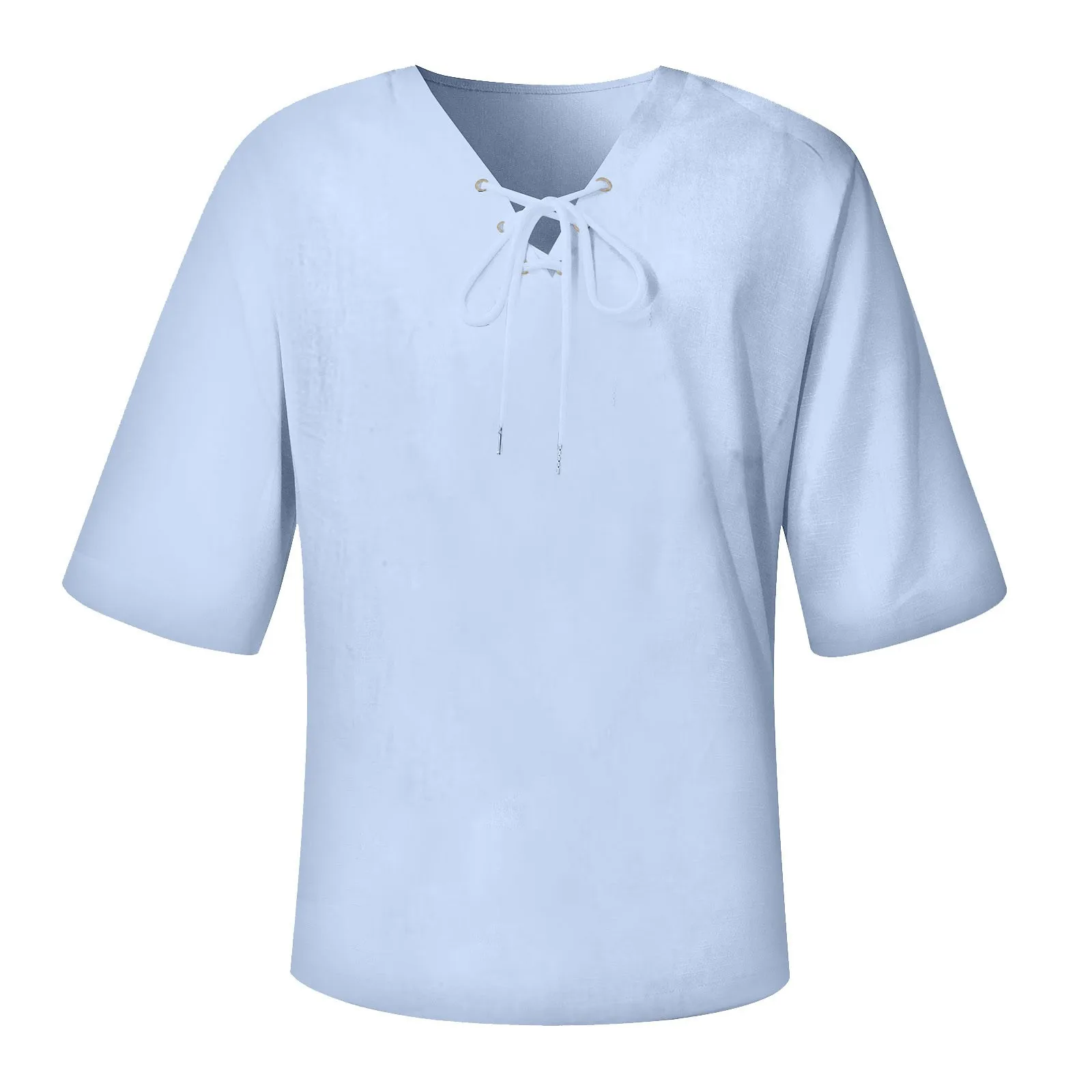 Camisas informales de lino y algodón para hombre, camisas holgadas con botones y cuello levantado, Tops de manga larga de Color sólido para primavera y verano
