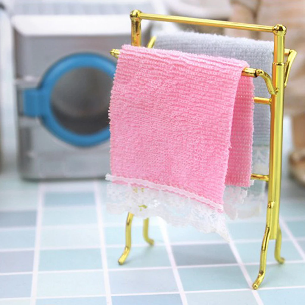 Miniature Towel Rack 1/12 Scale Dollhouse with 2 Towels Accessory Set