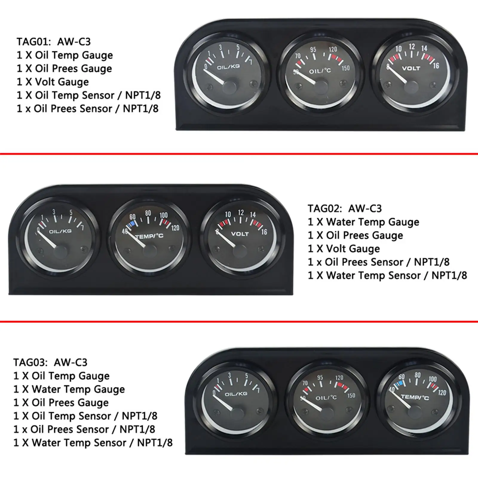 Universal Triple  Kit 2in 52mm Water 2 Pressure Black Console Car  Meter  Trucks 0?7 Pressure Panel Kit