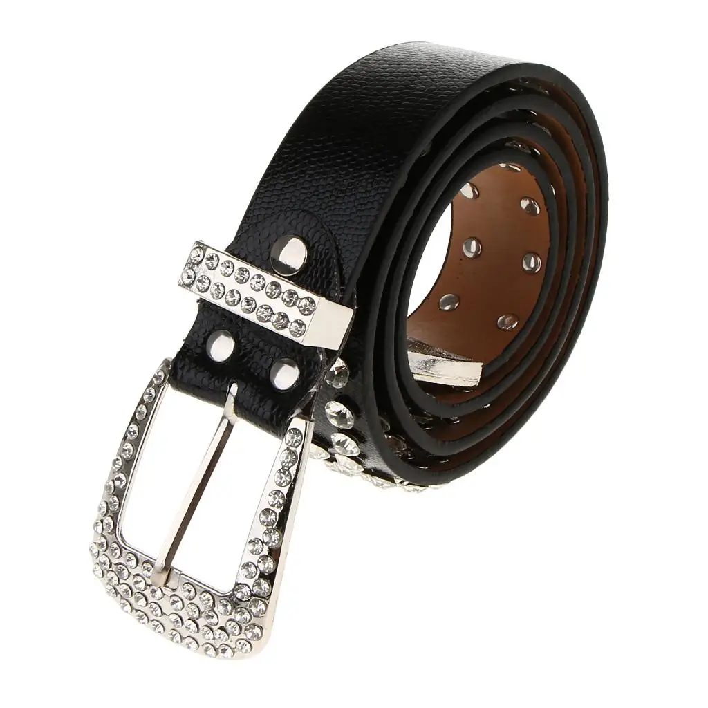 Women Mens Western  Rhinestone Crystal Leather Waist Belt, Adjustable Waistband Cool Stylish Waist Strap