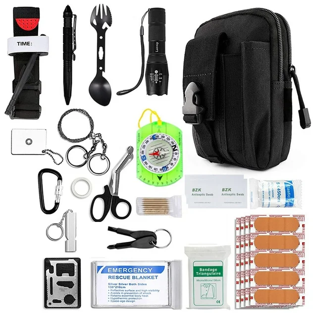 Mountain camping portable multifunctional Emergency Survival Kits, fishing  hunting Mini Bag for Hiker Camper or Backpacker(Black) 