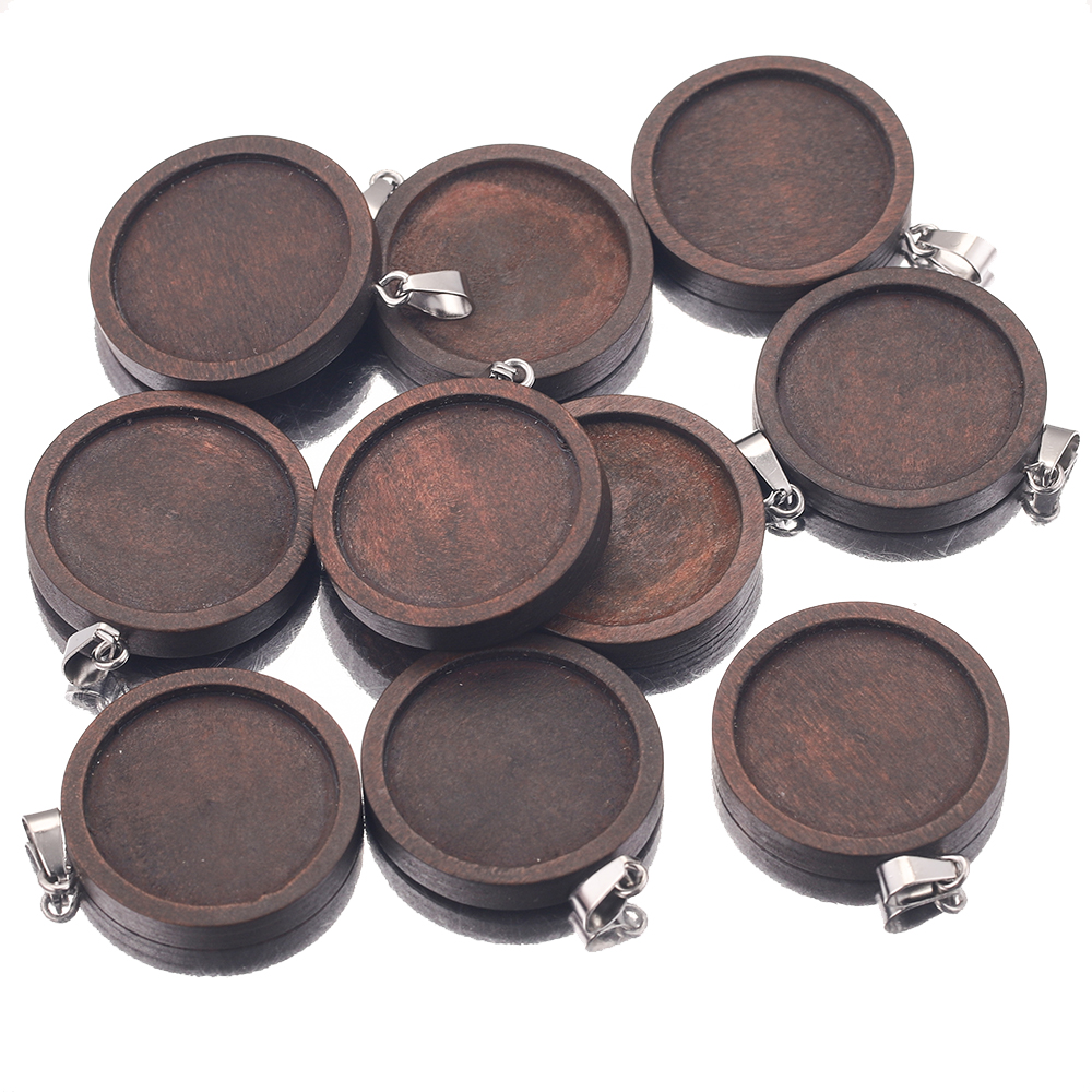 10 Stück 20/25/30 mm braune Holz-Halsketten-Anhänger-Fassung, Cabochon-Cameo-Grundtablett, Lünette, blanko, passend für die Schmuckherstellung – Detail 3