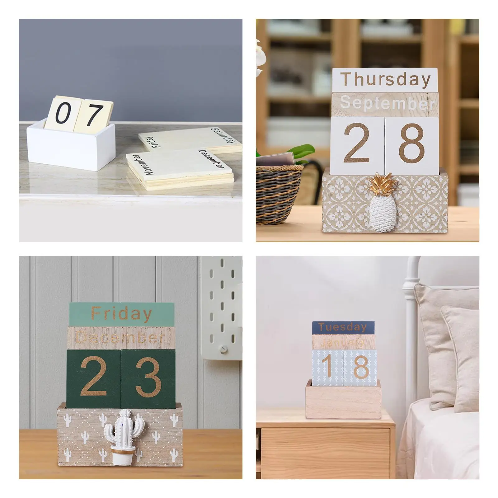 Creative Calendar Perpetual Wooden Chic Antique Style for Living Room Bedroom Indoor Hotel Home