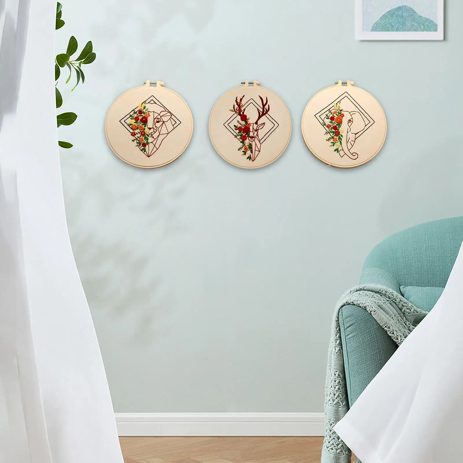 Set of 3 Embroidery Modern Stamped Floral Pattern Handy Sewing Decorative with Embroidery Hoop