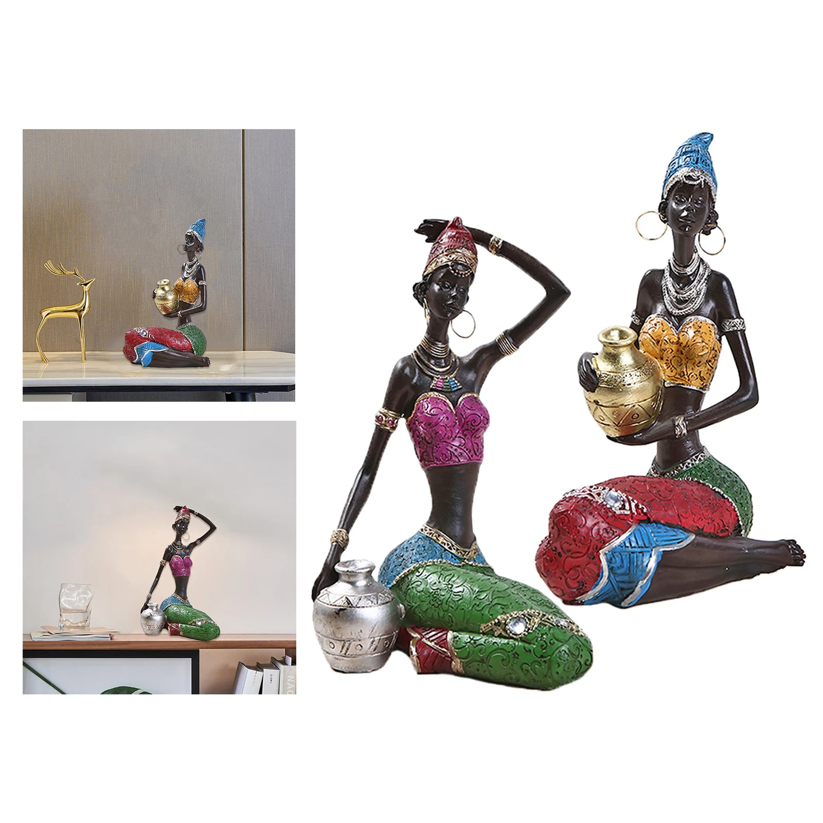 2x Creative African Figure Tribal Lady Statue for Office Table Decoration