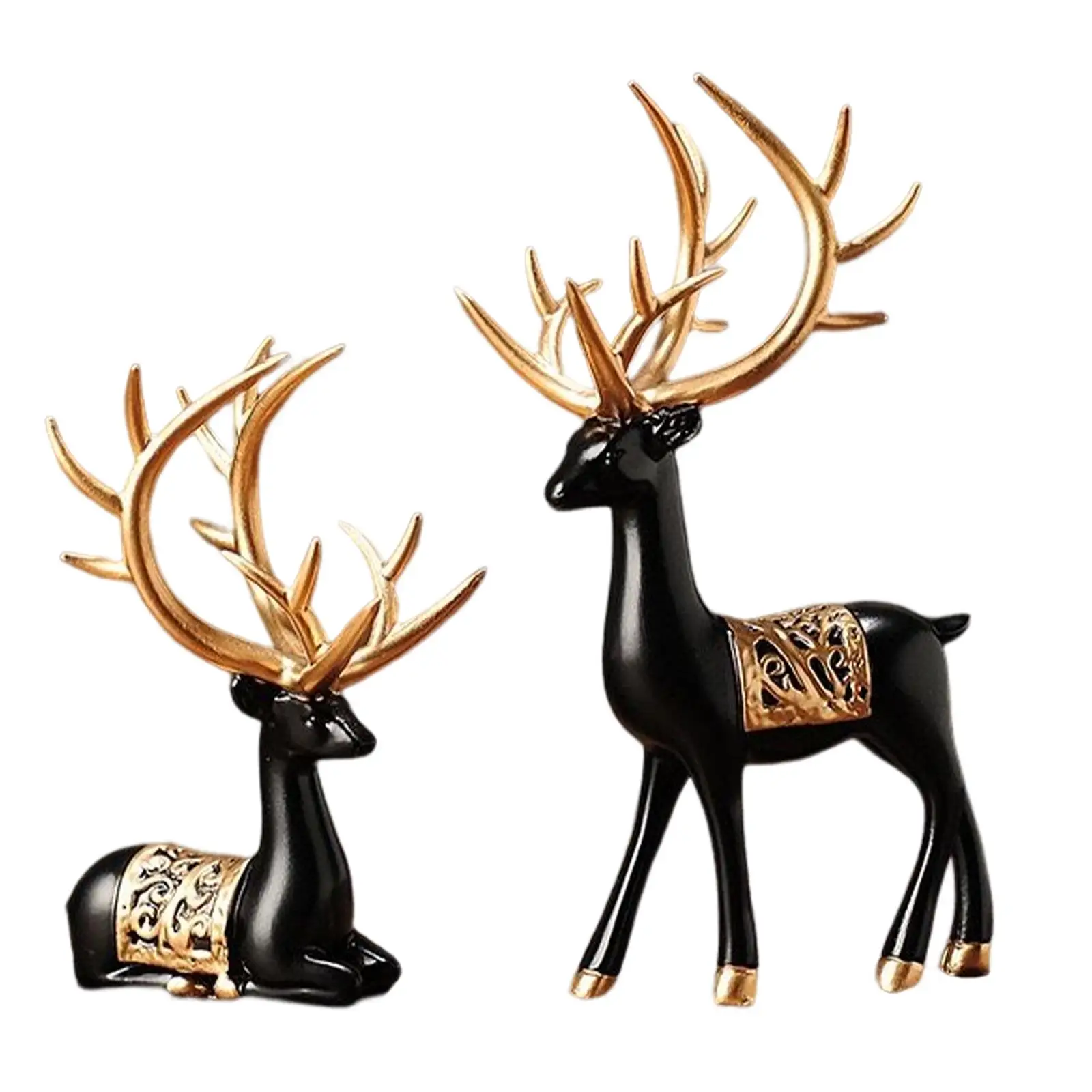 2x Modern Reindeer Statues Figurine Elk Couple Sculpture Collectable Gift Craft for Living Room Tabletop Bar Cabinet Birthday