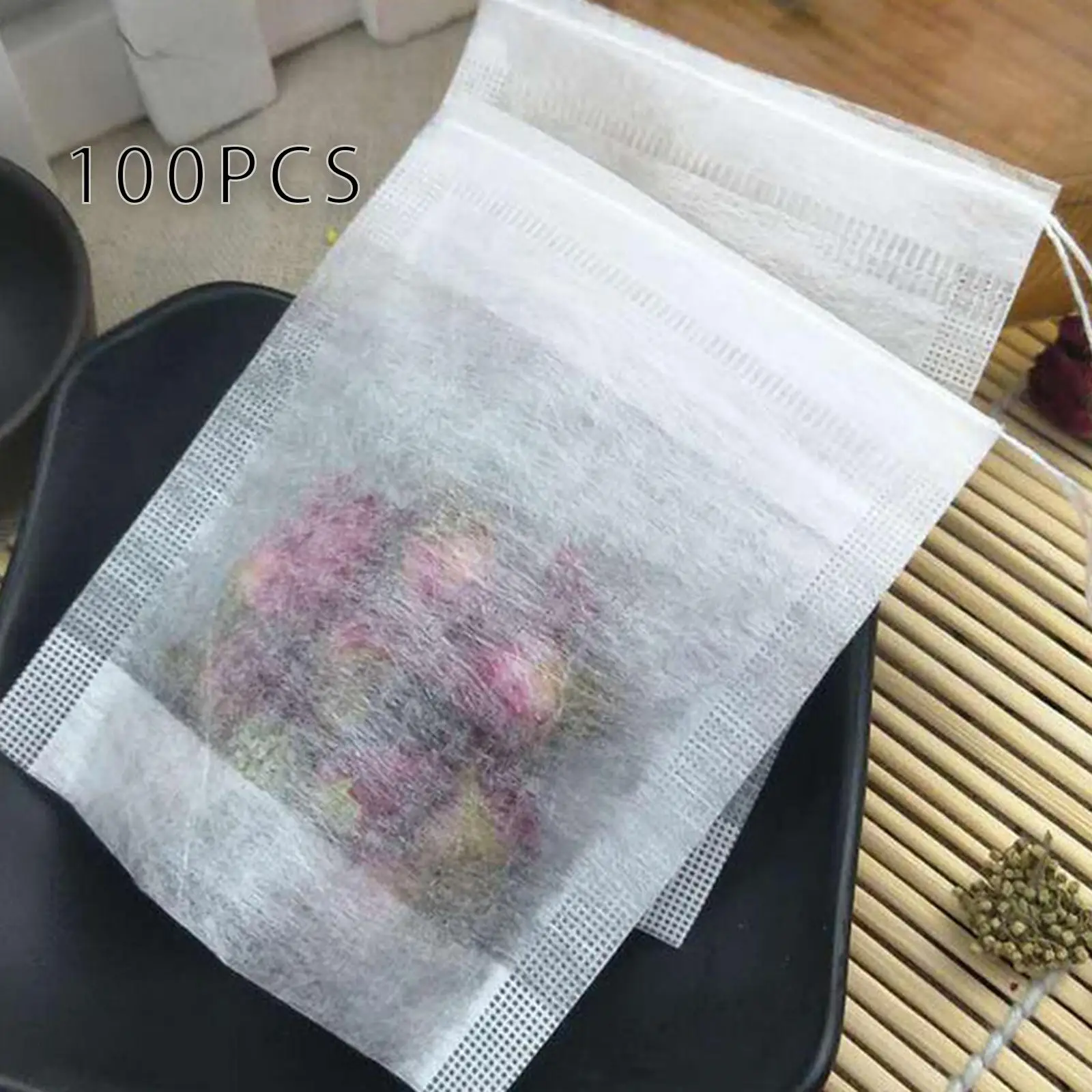 100x Disposable Tea Filter Bags Teabags with Drawstring for Pepper Coffee