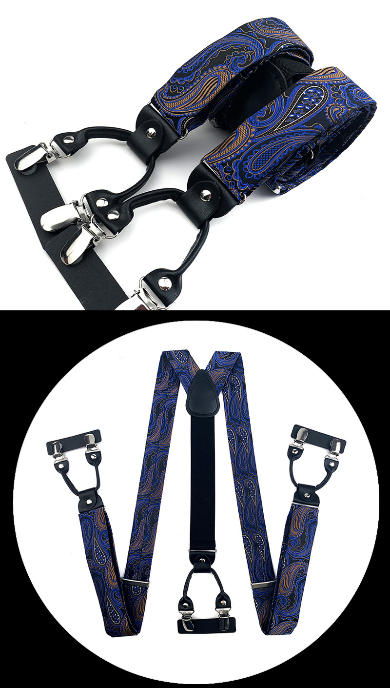 VEEKTIE Brand Suspender For Men 6 Snap Hooks Y-back Adjustable Jacquard Floral Check Shirts Paisley Yellow Blue Vintage Retro