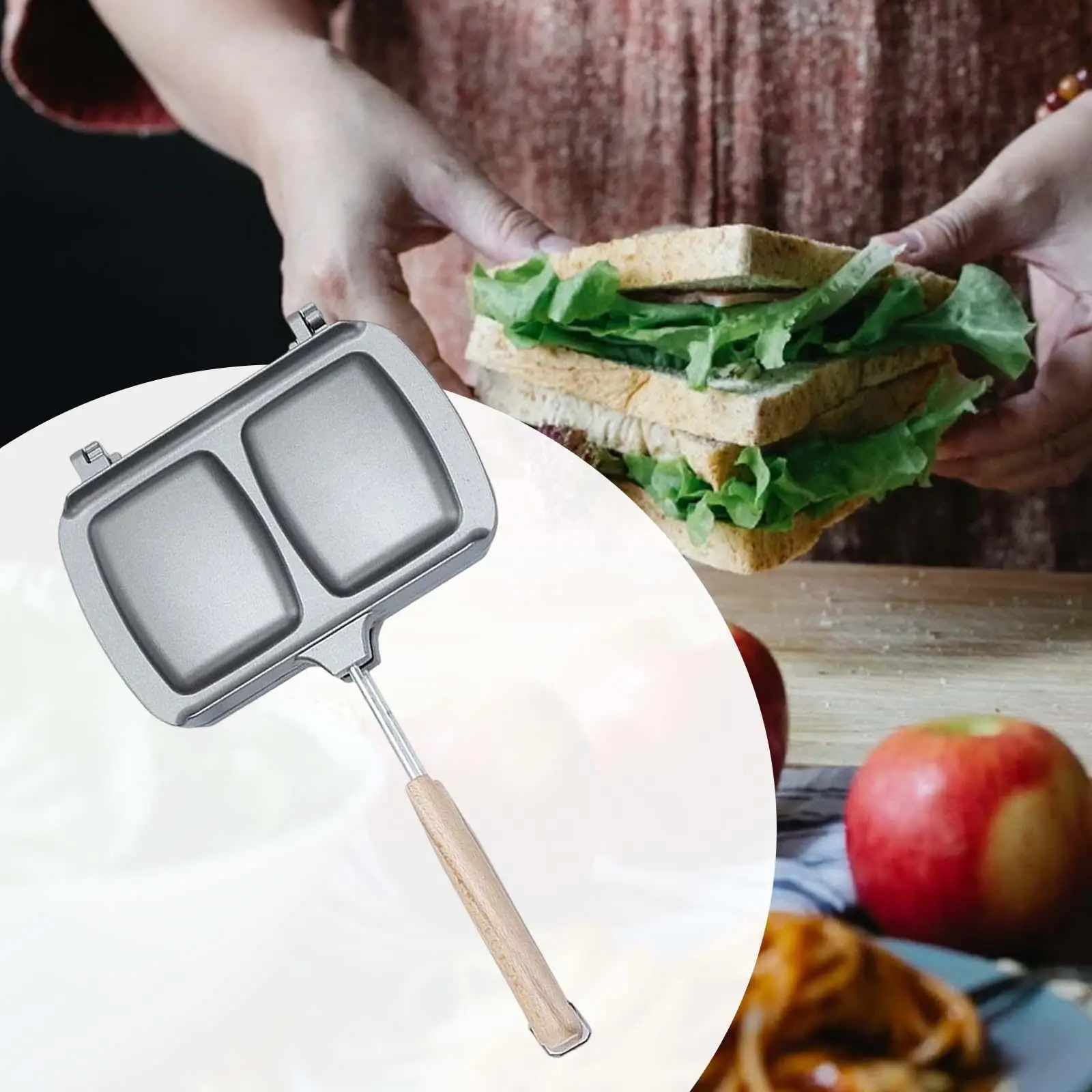 Bread Toast Maker Frying Egg Ham Grill Pan with Wooden Handle Non Stick Coating Sandwiches Maker for Induction Cooker Stove Top