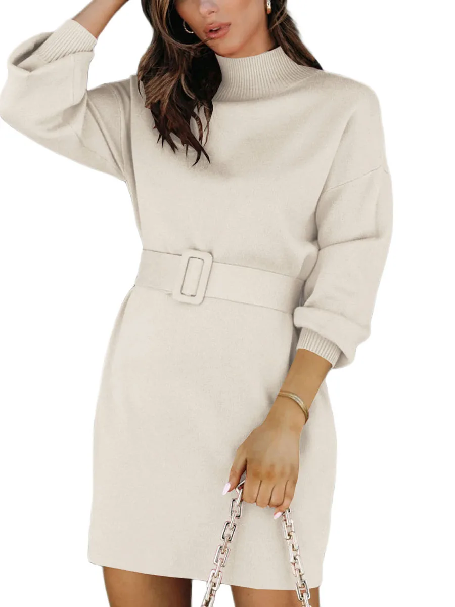 Women Elegant Sweater Dress Solid Color Turtleneck Long Sleeve Knit Pullover Bodycon Sweater Mini Dress with Belt