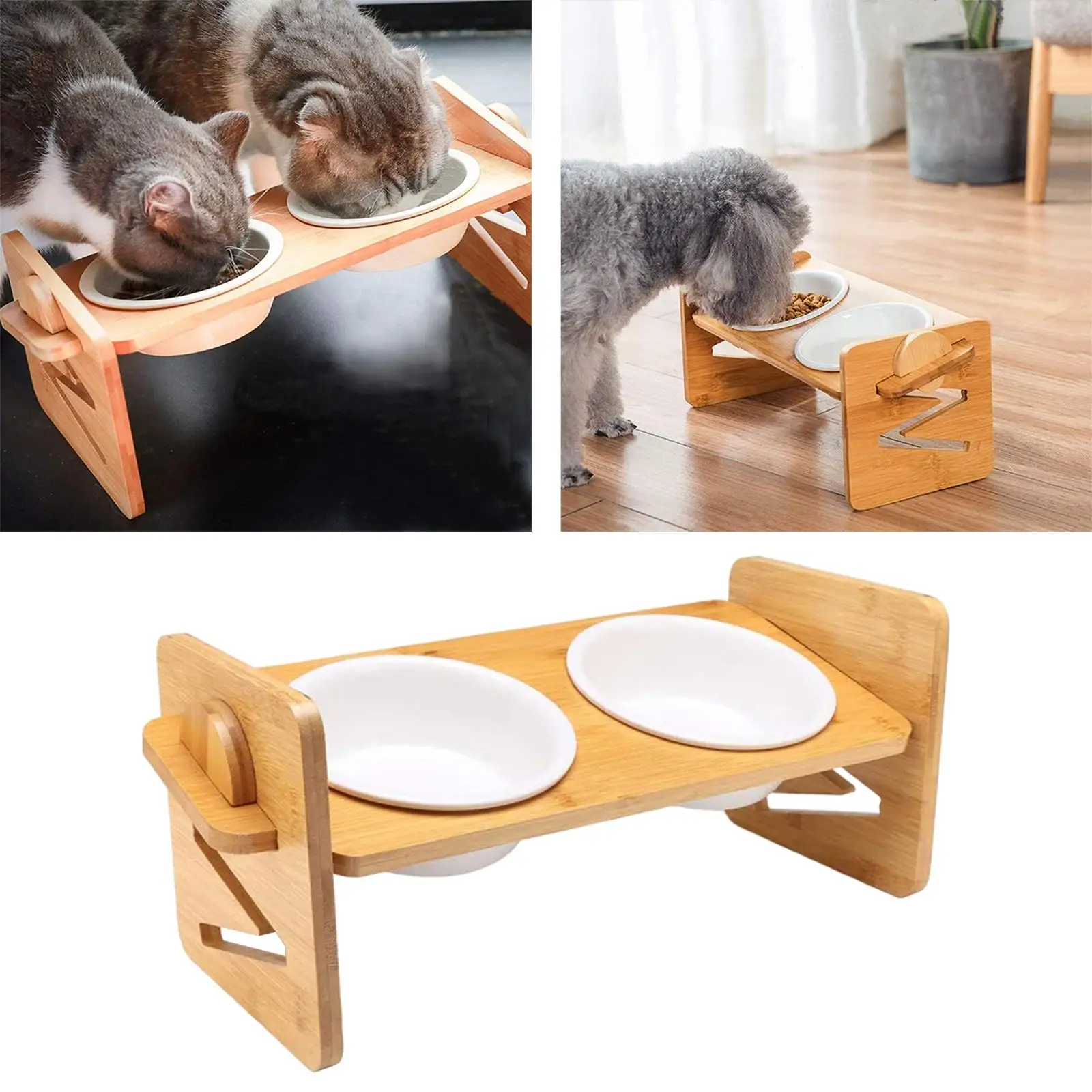 Tilted Pet Bowls Food and Water Bowls Pet Cat Neck Care Adjustable Height Stand Double Ceramic Bowls Feeder for Cats Puppy