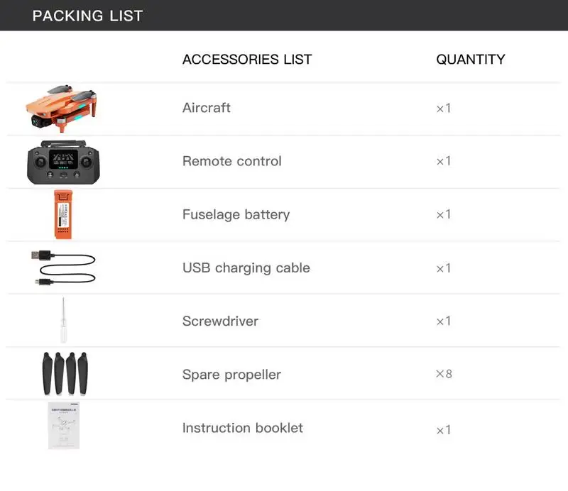 packing list accessories list quantity aircraft remote control fuselage battery usb charging