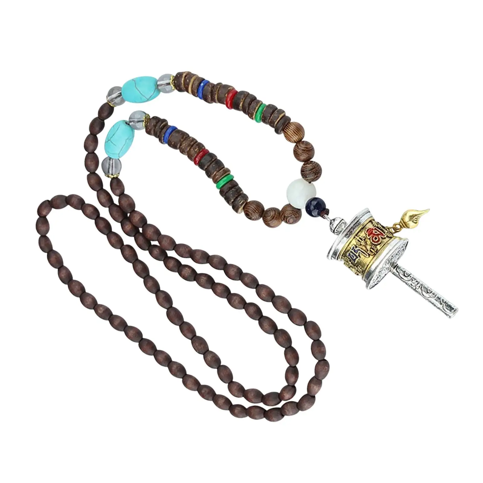 Tibetan Buddhist Long Pendant Necklace Prayer Mantra Wheel Charm Chains Jewelry Antique Wood Beads for Women Valentines Gift