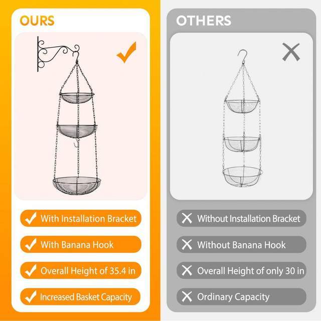 tinysiry Hanging Fruit Basket, 3 Tier Fruit Basket with Banana Hook, Fruit  Bowl Vegetable Basket Fruit Racks Kitchen Vegetable Storage Shelf
