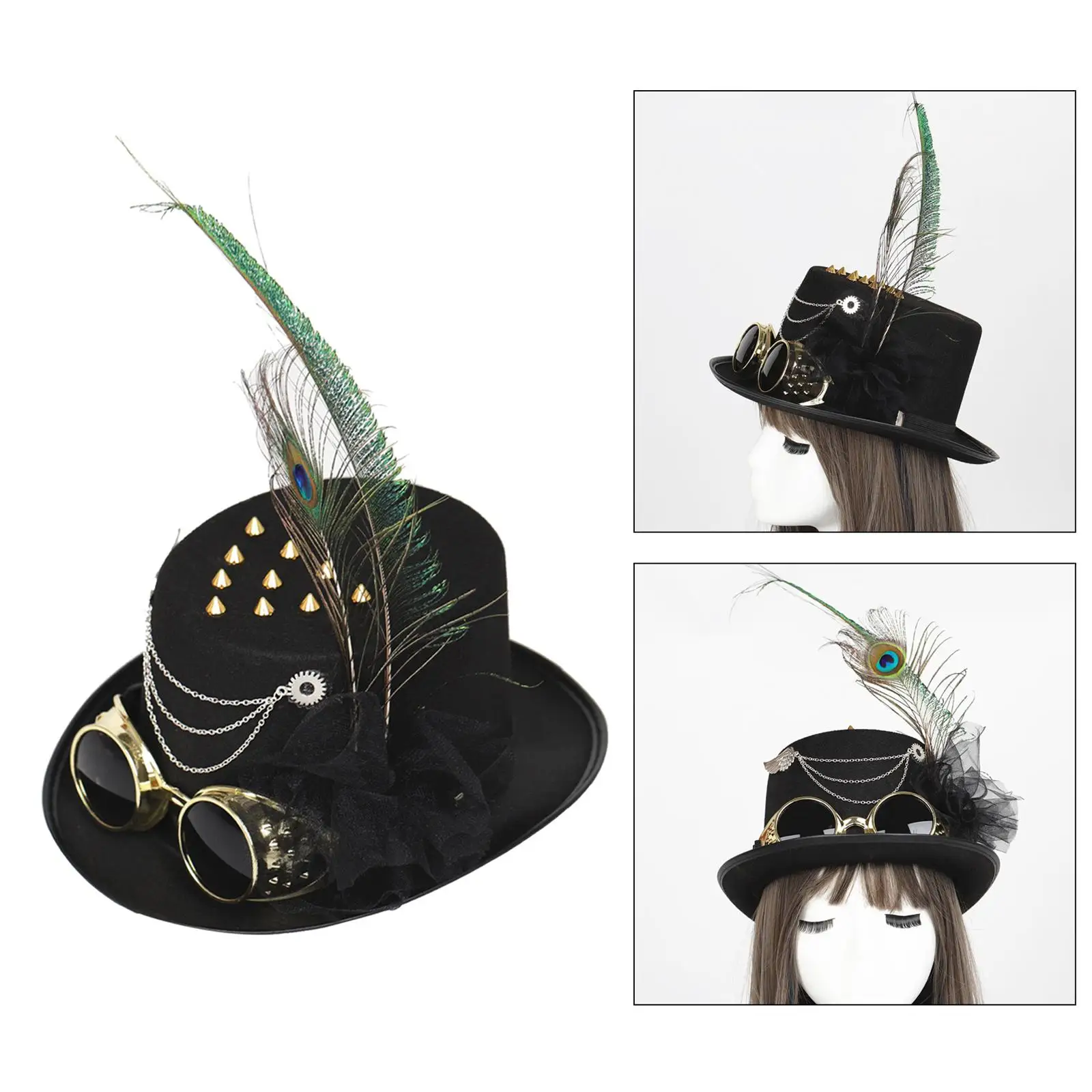 Victorian Steampunk Top Hat with Goggles Feather Gothic Cosplay Party Hat Classic Formal Hat for Halloween Dress up Men Women