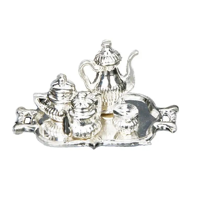 Dolls House Miniature Accessory Traditional Silver Tea Coffee Set Tableware 1/12