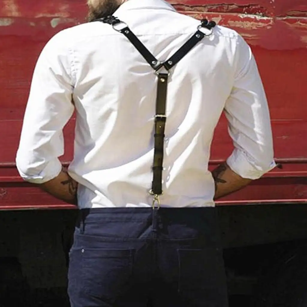 Mens Artificial Leather Suspenders Y-Back Double Shoulders  Hooks Belt