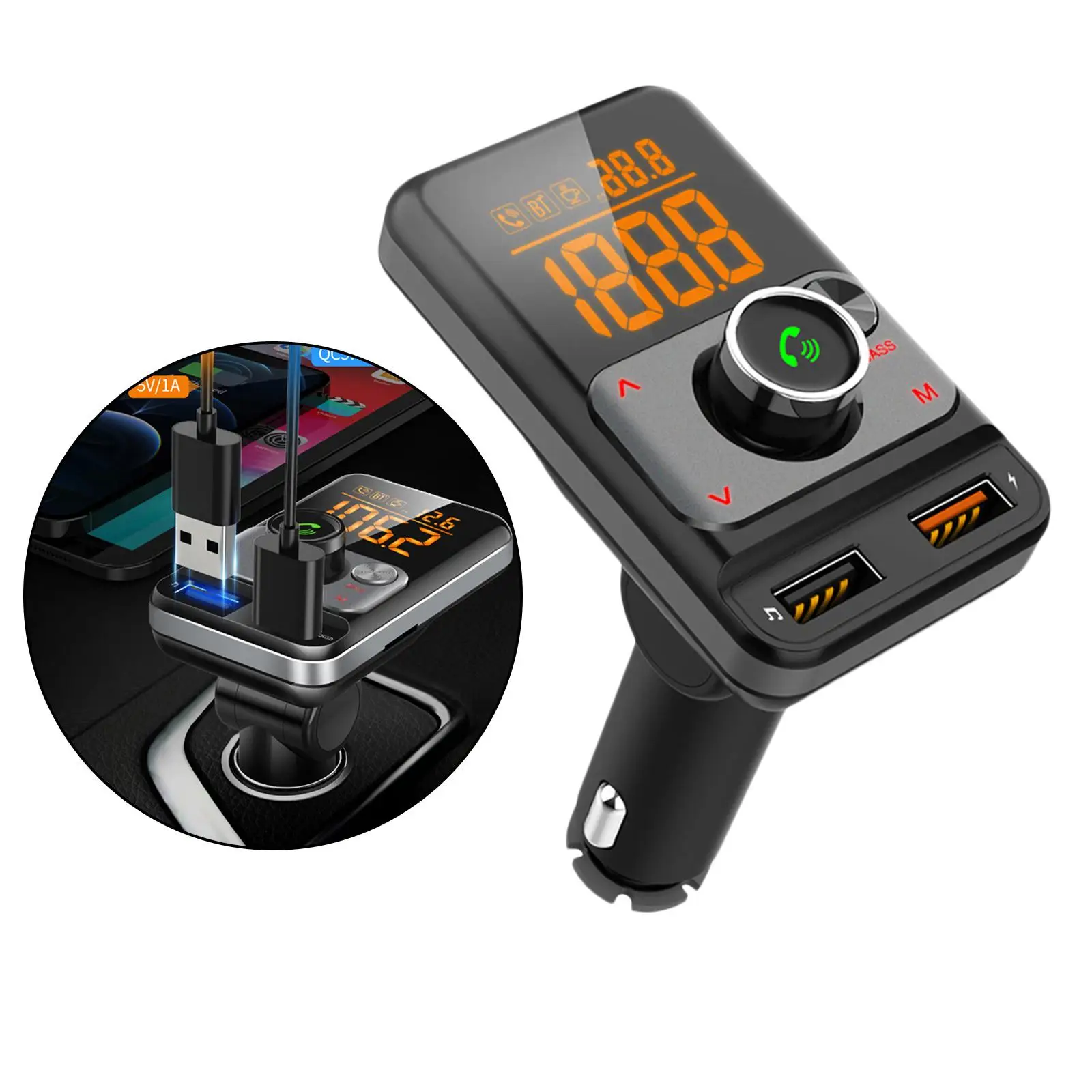 Bluetooth FM Transmitter LED Display Hands-Free Music Player Adapter Speaker for Radio Streaming Car Stereo Phone Headphones