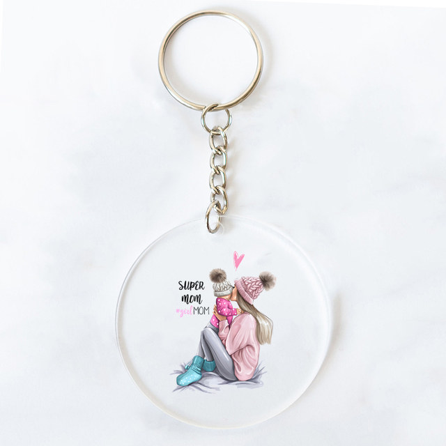 Super Mom & Dad Print Keychain Transparent Circle Keyring Acrylic