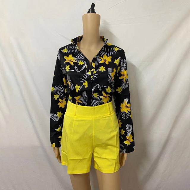 1 Set Women Shirt Shorts Long Sleeve Fashion Floral Printed Summer