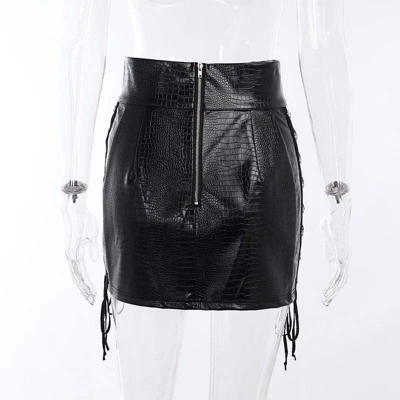 Punk Style Leather Mini Skirt Sexy Hollow Out Bandage Skinny Wrap Bodycon Pencil Skirt E-girl Dark Academia Emo Alt Streetwear