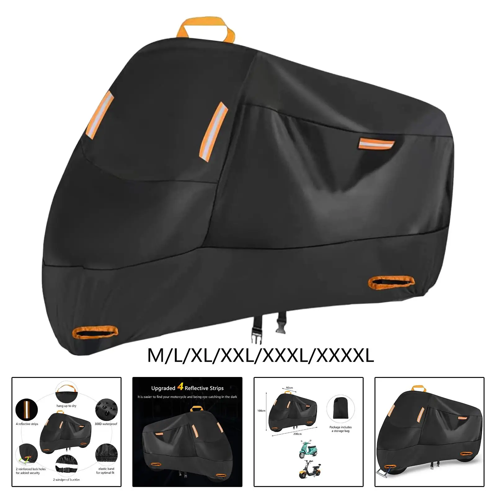 Motorcycle Cover Lock Holes with 4 Reflective Strips Motocross Rain Cover for Scooter Bike Motorbike Outdoor Protection