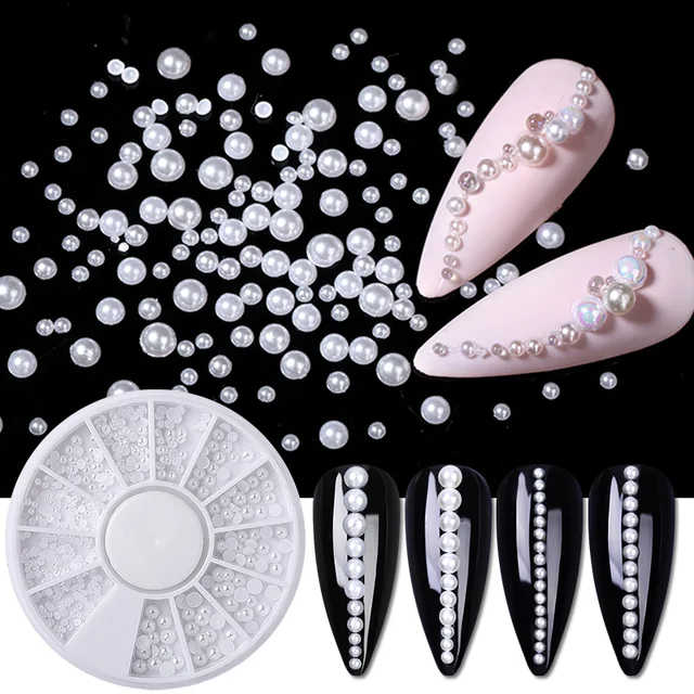 Perlas redondas para decoración de uñas, perlas blancas de varios tamaños,  3d, diamantes de imitación, para manicura, parte posterior plana -  AliExpress