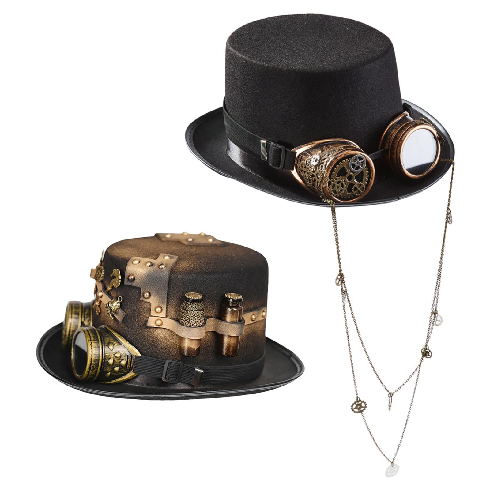 2 Count Gothic Steampunk Top Hat with Goggles, Premium Material Accessories Strap Adjustable DIY Yourself Renaissance Costume