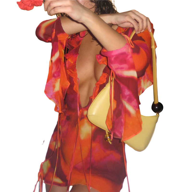 Vestidos tie-dye para mujer, con volantes anudados, escote en V profundo, espalda descubierta, vestido de cóctel ajustado, vestidos de fiesta de playa Y2K, ropa de club