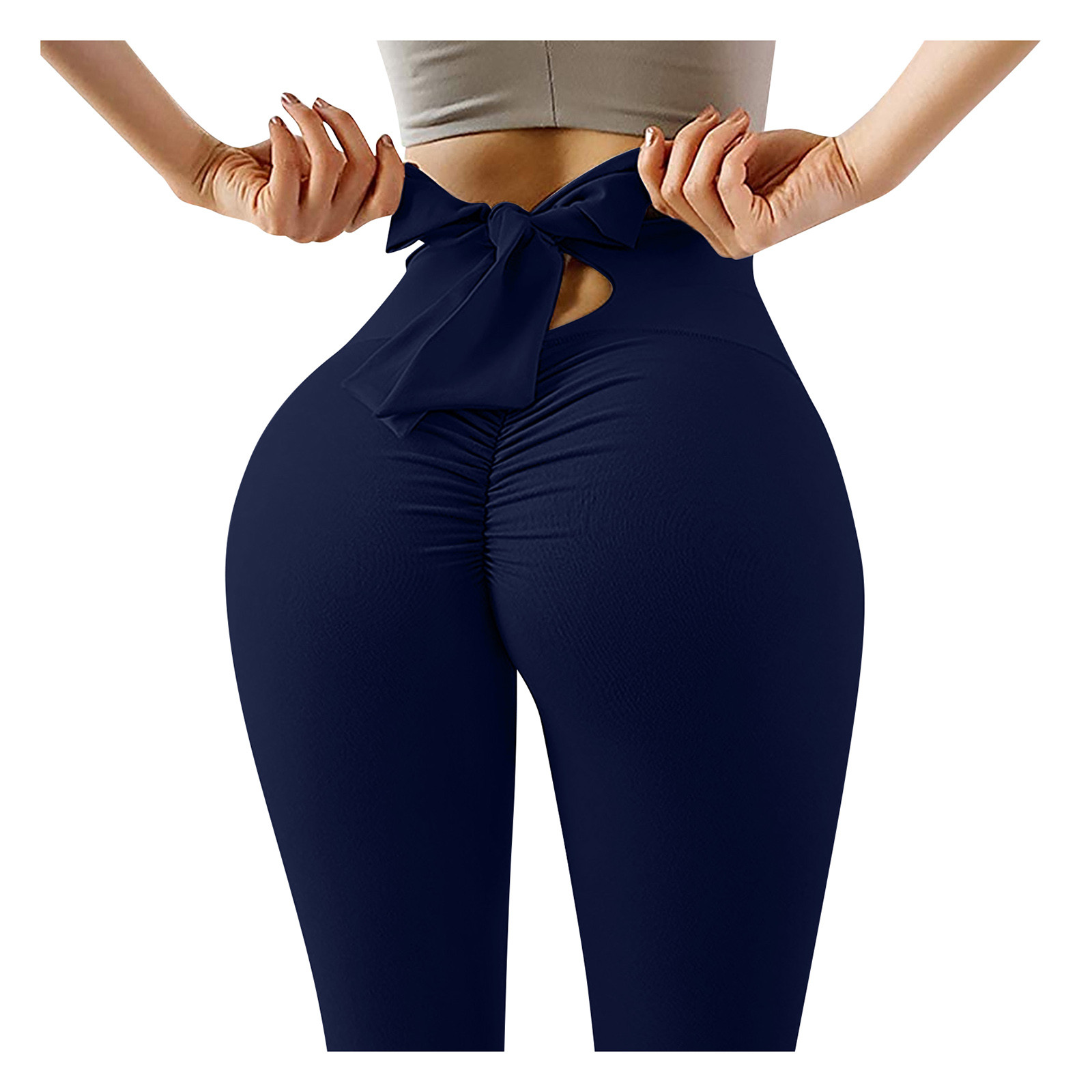 Elastic Fitness Pants With Bowknot Women Fashion Pleated Yoga Running Leggings Pure Color Sexy Butt Lifting Pantalones De Muj...