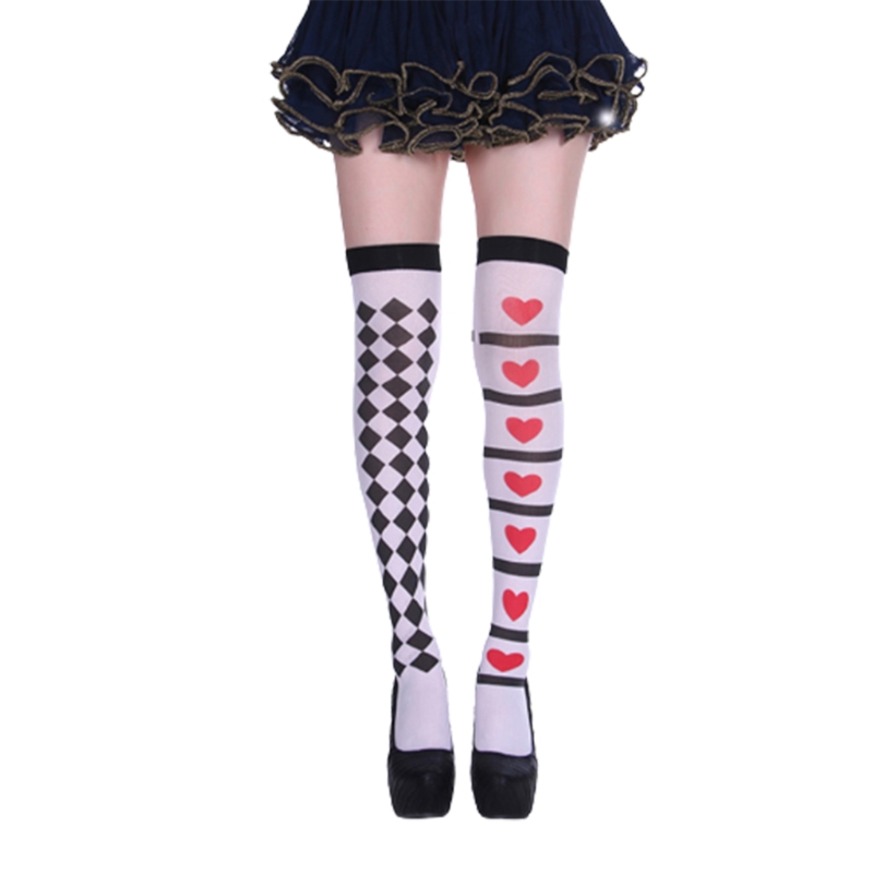 Halloween Frauen Oberschenkel Hohe Strümpfe Poker Karte Anzug Drucken Über Knie Lange Socken – Detail 5