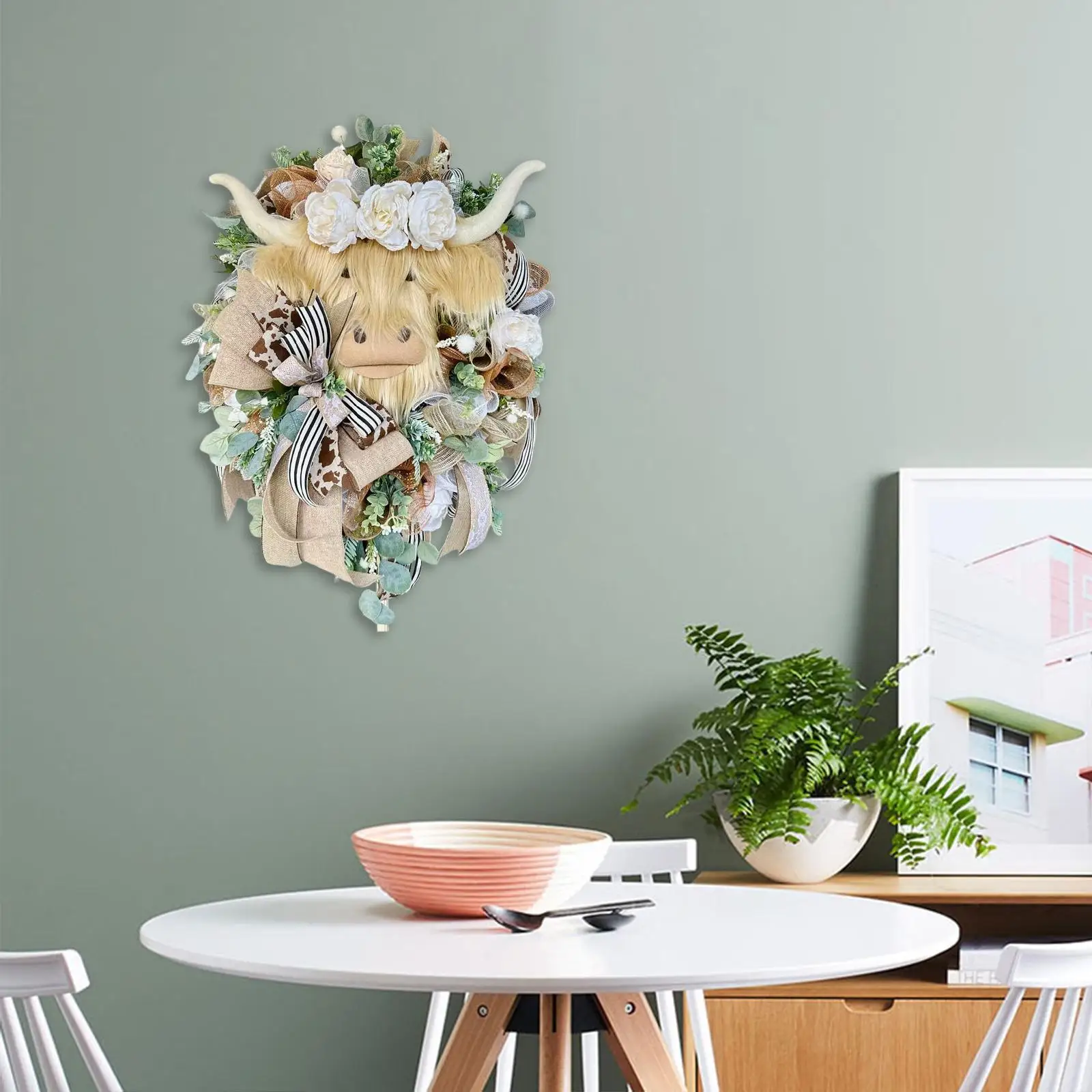 Cattle Wreath Front Door Green Leaves Wall Hanging Craft Artificial Garland for Home Holiday Decoration