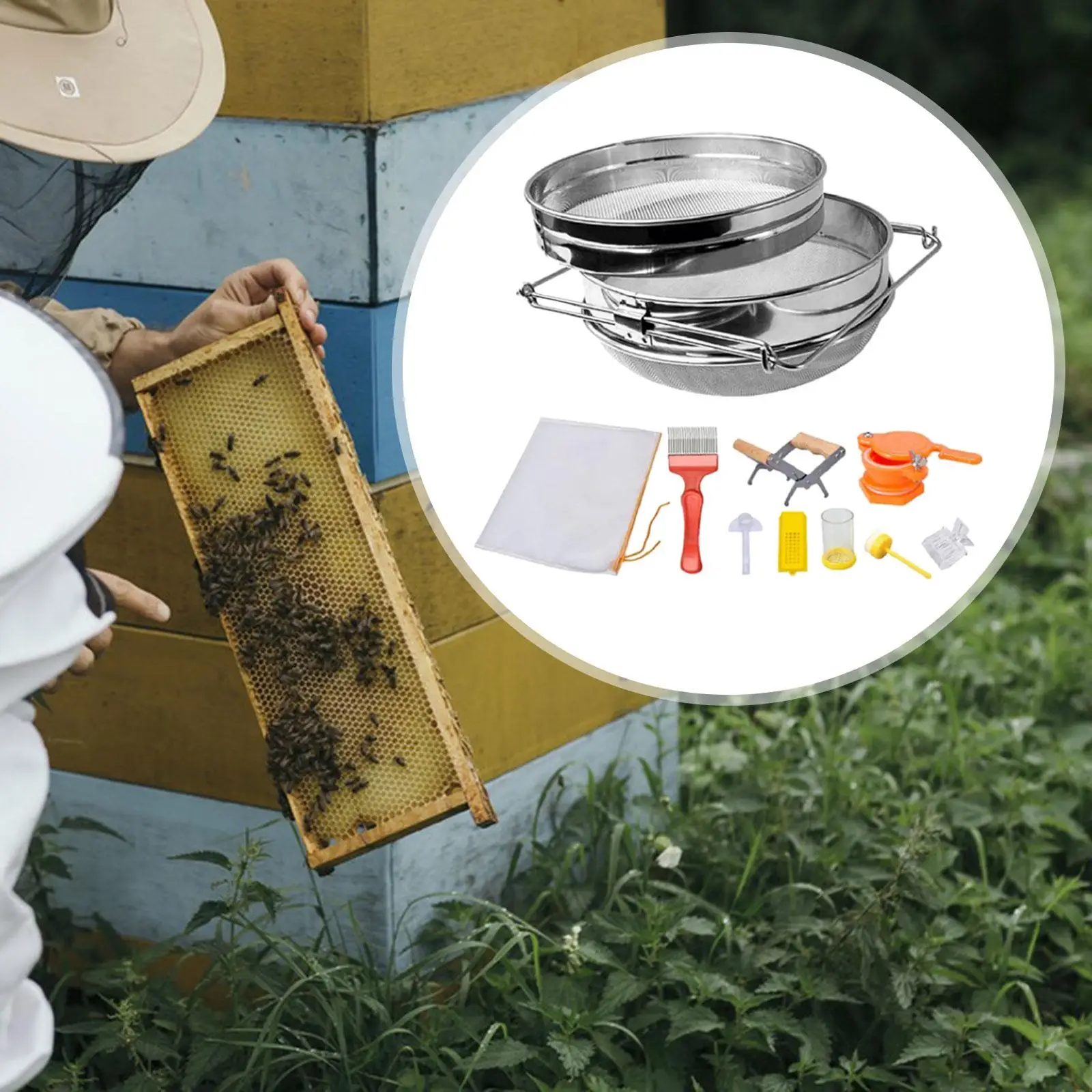 9Pcs Beekeeping Set Stainless Steel Filter Net Beekeeping Starter Kits for Farm Beginners Beekeepers Professionals Honey