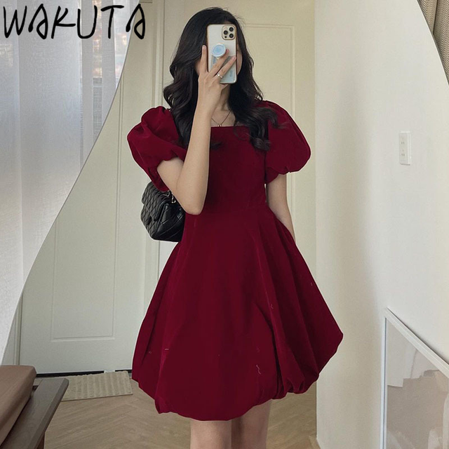 Wakuta 2022 New Year Sweet Fairy Gown Dress Women Elegant Slim Party Korean Style Square Neck Red Black Mini Dresses High Waist Dresses AliExpress