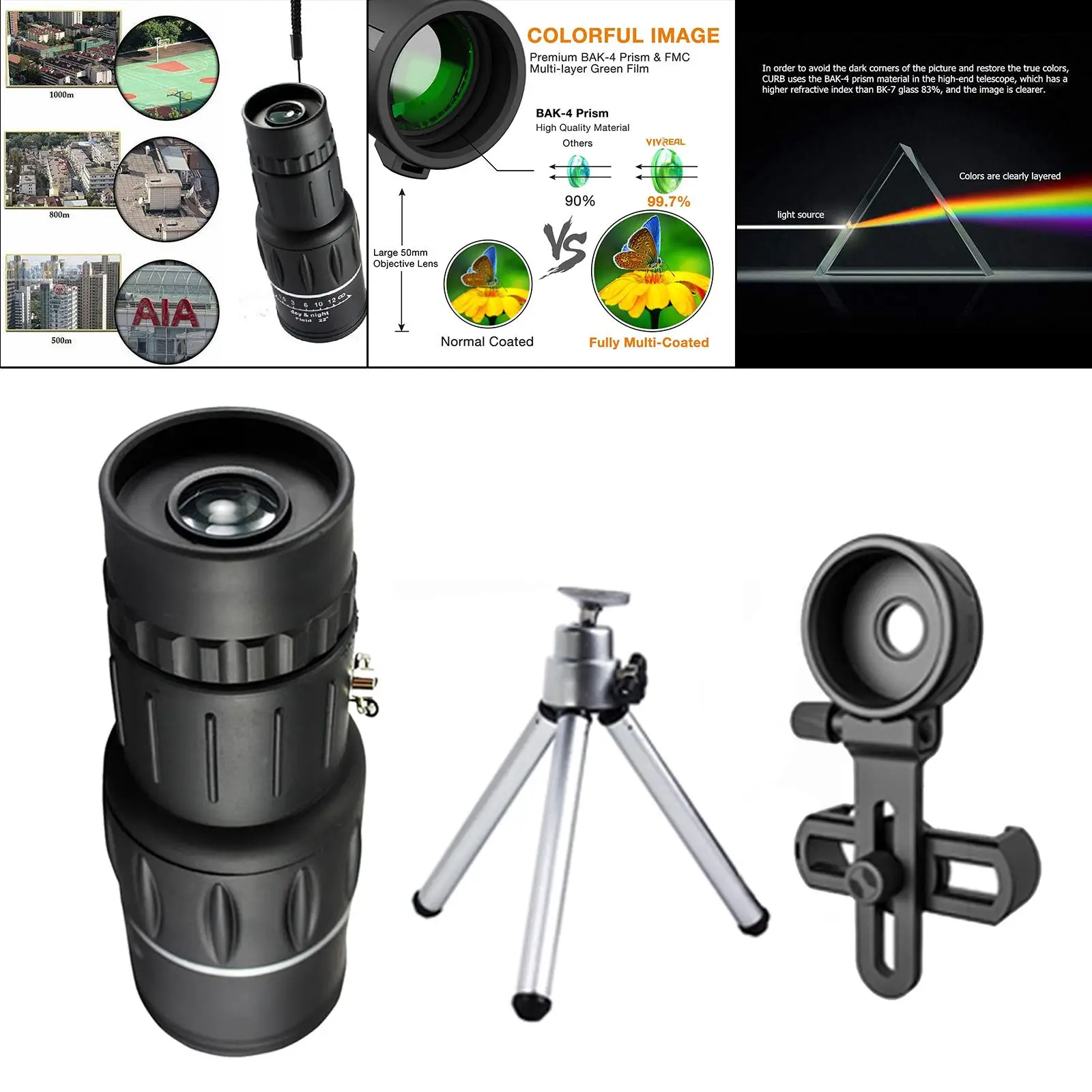 High Power Monocular Telescope BAK4 Prism HD Smartphone Camping Hunting