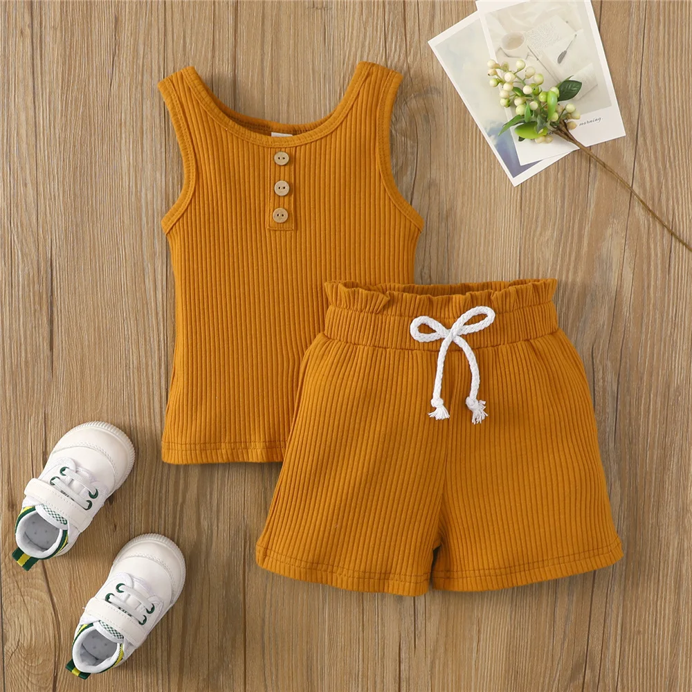 vintage Baby Clothing Set 6 Months-4 Years Summer Kids Baby Boy Girl 2 Piece Sets Toddler Solid Color Sleeveless Rib Knit Tank Tops + Elastic Waist Shorts stylish baby clothing set